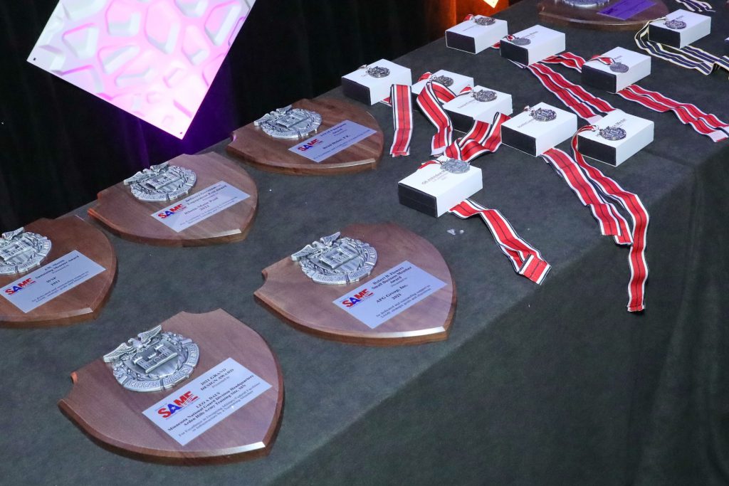 Awards and medals on a table