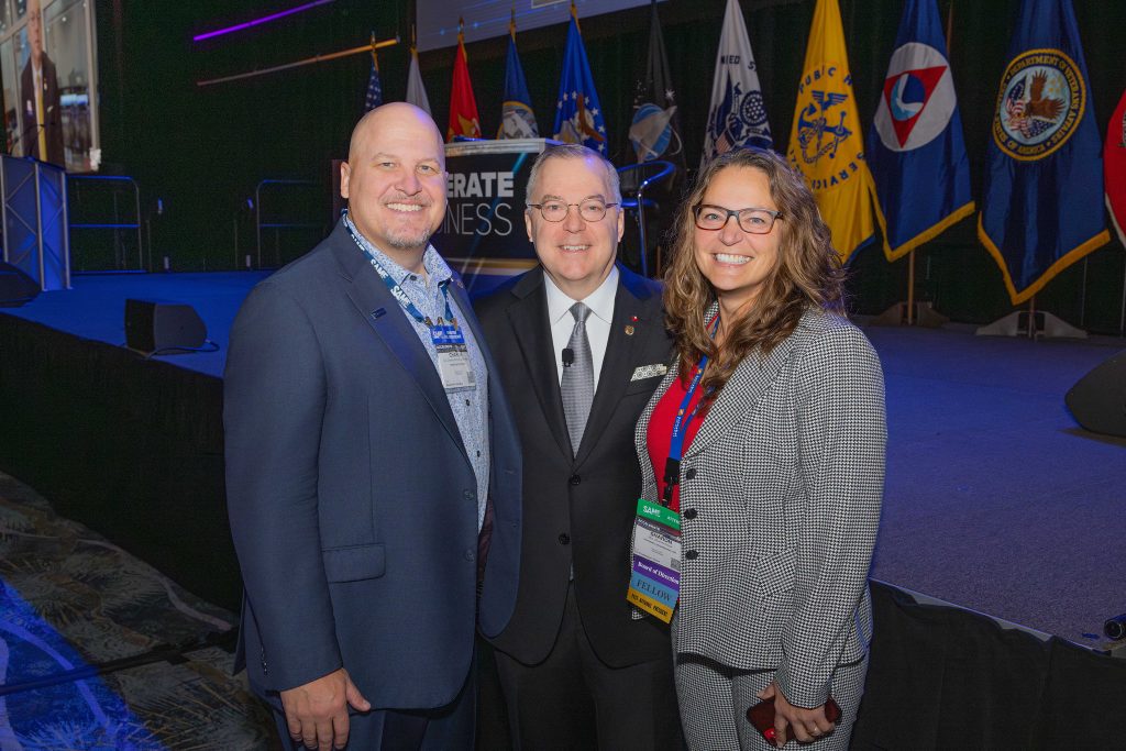 Col. Charlie Perham, F.SAME, USAF (Ret.), Sharon Krock, SWPS, F.SAME, Schnabel Engineering, and Michael Huffstetler, Assoc. AIA, LEED AP, F.SAME, DLR Group at SAME SBC 2025